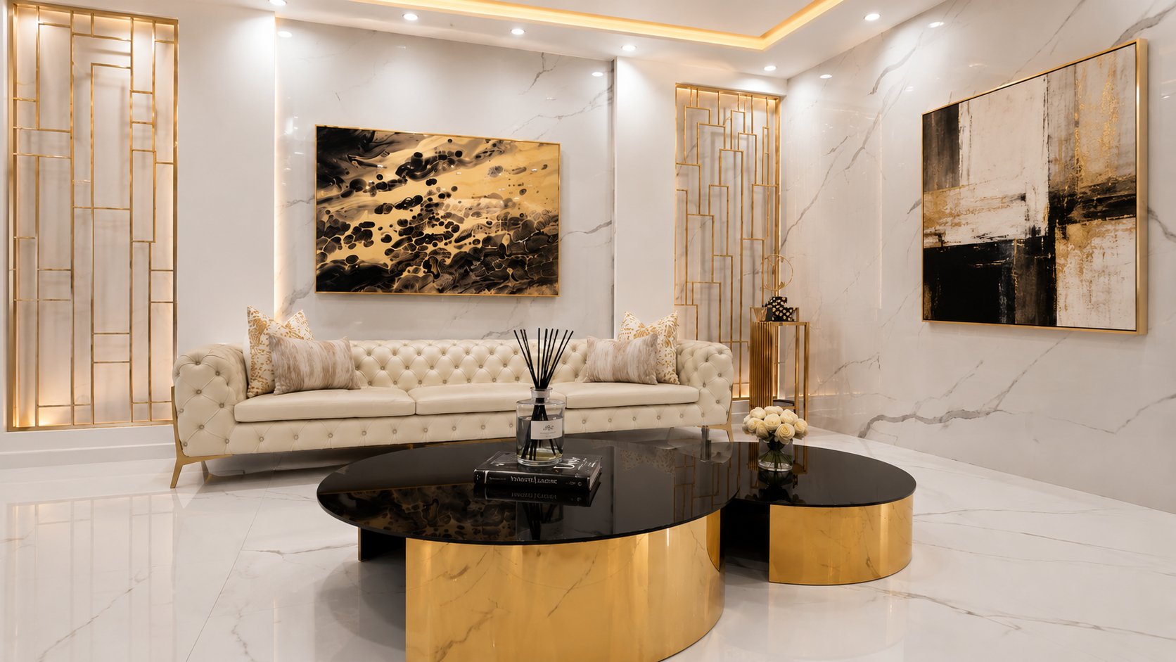 Luxury clinic waiting lounge — white marble, gold details, cream sofa